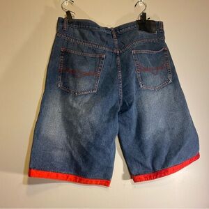 Vintage Koman Jorts Blue Baggy Red Trim Y2K Hip Hop Jean Shorts Sz 38